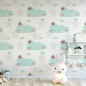Cloud Nursery Boho Wallpaper, Boho Mural Nursery, Removable Cloud Wallpaper, Children&#39;s Nursery Wallpaper, Kid&#39;s Removable Wallpaper N#223