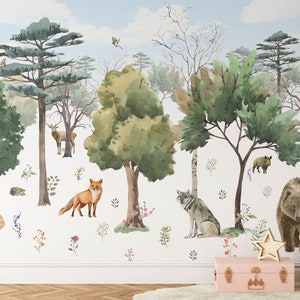 Forest Nursery Wallpaper, Removable Wall Mural Nursery, Custom Nursery Wallpaper, Kids Room Wallpaper, Animal Nursery Decor, Kids Room N#439
