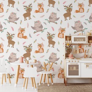Woodland Nursery Wallpaper, Removable Nursery Wallpaper Temporary Wallpaper Childrens Nursery , Childrens Removable Wallpaper, N#494