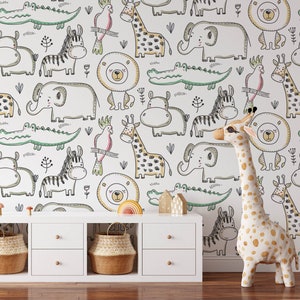 Carta da parati per cameretta dei bambini Safari, simpatici animali da parete per cameretta dei bambini, decorazioni per neonati e bambini, murale rimovibile per sala giochi con animali a tema giungla