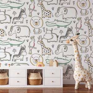 Safari Children's Nursery Wallpaper, Cute Animals Kids Bedroom Wall Art, Baby & Toddler Decor, Removable Jungle Theme Animal Playroom Mural