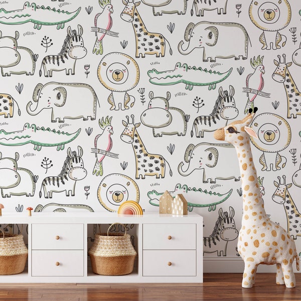 Safari Kinderkamer Behang, Schattige Dieren Kinder Slaapkamer Muur Kunst, Baby & Peuter Decor, Verwijderbare Jungle Thema Dieren Speelkamer Muurschildering