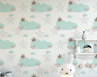 Cloud Nursery Boho Wallpaper, Boho Mural Nursery, Verwijderbare Cloud Wallpaper, Children's Nursery Wallpaper, Kid's Removable Wallpaper N # 223