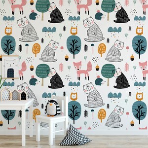 Orso Carta da parati per bambini, Cute Animal Kids Bedroom Wall Art Mural, Baby & Toddler Nursery Decor, Sala giochi scandinava, Pre-incollato rimovibile