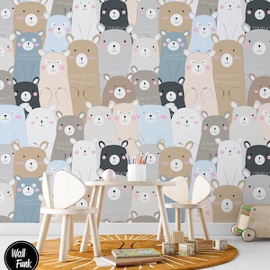 Carta da parati per bambini dell'orso, camera da letto per bambini con animali carini, murale di arte murale, arredamento per la scuola materna per bambini e neonati, stanza dei giochi neutrale di genere, pre-incollato