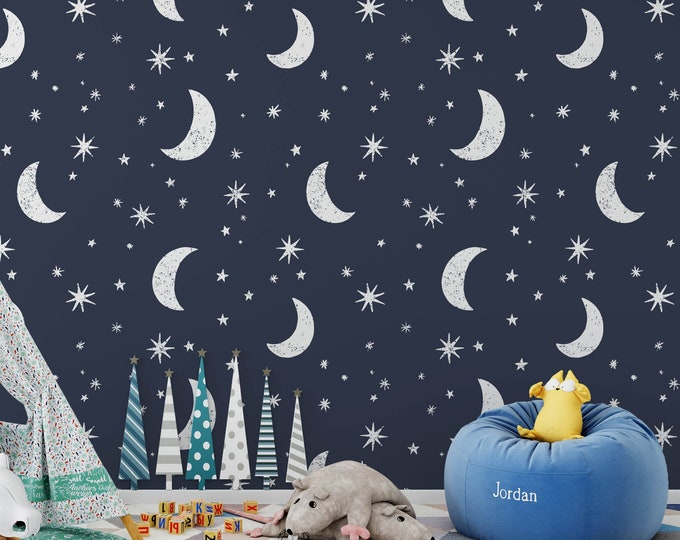Stars and Moon Nursery Wallpaper, Removable Nursery Wallpaper Childrens ...