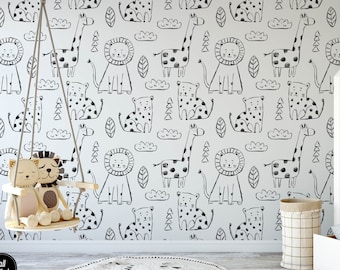 Safari Children's Nursery Wallpaper, Animals Kids Bedroom Wall Art, Baby & Toddler Decor, Removable Black and White Jungle Playroom Mural