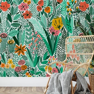 Fond d'écran floral amovible, bâton temporaire activé par l'eau sur le décor mural floral de papier peint, papier peint amovible floral, F #168
