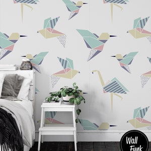 Removable Geometric Origami Bird Wallpaper, Bathroom & Bedroom Decor, Abstract Entryway Feature Wall Art, Decorative Office Accent Mural