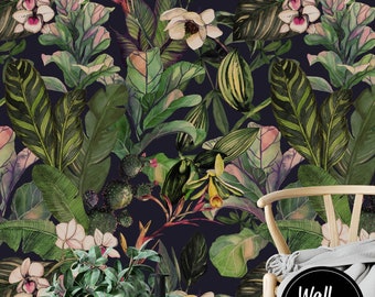 Dark Floral Wallpaper, Removable Floral Wallpaper, Floral Wallpaper, Wallpaper Floral, Dark Floral Decor, Botanical Removable Wallpaper F#33