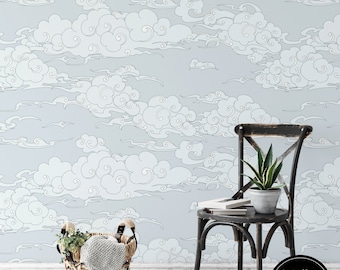 Sky Wallpaper, Removable Clouds Wallpaper, Recycled Water Activated Adhesive Wallpaper, Asian Art Removable Wallpaper Decor, AS#11