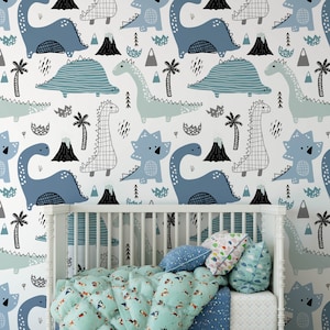 Papier peint dinosaure, mural mural amovible pour garçons pépinière, papier peint de pépinière personnalisé, décor de pépinière à thème dinosaure, fond d’écran de chambre pour enfants n # 157