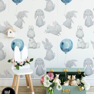 Balloons & Rabbits Nursery Wallpaper - Removable and Pre-Pasted | Custom Nursery Wallpaper Mural | Removable Nursery Wallpaper N#181