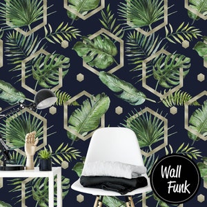 Palmenblatt Wallpaper, abnehmbares dunkles Blumen Wallpaper, Bananenblatt florales abnehmbares Wallpaper, temporäres florales abnehmbares Wallpaper, F#35