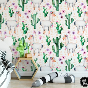 Llama Nursery Wallpaper, Removable Wall Mural Nursery, Custom Nursery Wallpaper, Kids Room Wallpaper, Cactus Nursery Decor, Kids Room N#398