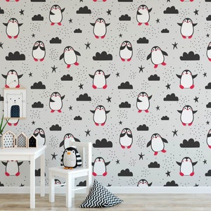Penguin Nursery Wallpaper, Removable Wall Mural Nursery, Custom Nursery Wallpaper, Kid Room Wallpaper, Animal Nursery Decor, Kids Room N#235