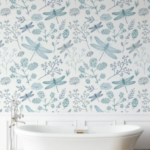 Papier peint floral amovible, bâton temporaire activé par l’eau sur le papier peint Décor mural floral, Papier peint amovible floral Dragonfly, F # 130