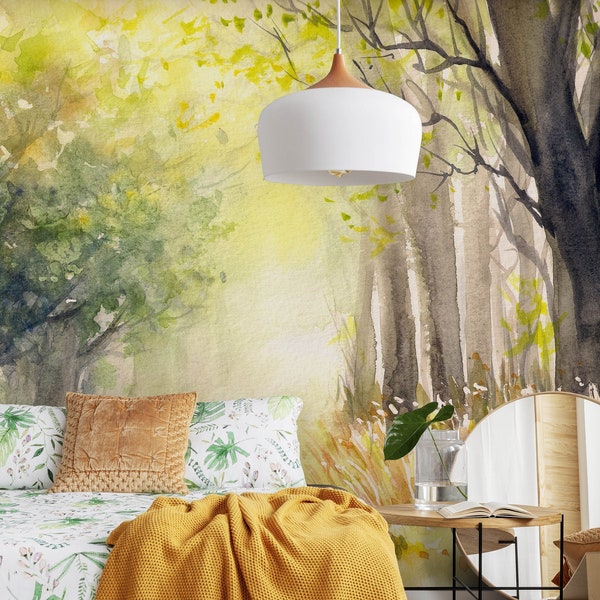 Woodland Wallpaper, Watercolor Woodland Mural, Removable Nature Wallpaper, Removable Nature Mural, Nature Wallpaper Forest, NA#20