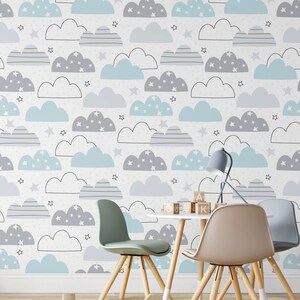 Cloud Nursery Boho Wallpaper, Boho Mural Nursery, Removable Cloud Wallpaper, Children's Nursery Wallpaper, Kid's Removable Wallpaper N#150