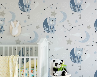 Bear Children's Wallpaper, Cute Animal Kids Bedroom, Wall Art Mural, Baby & Toddler Nursery Decor, Gender Neutral Playroom, Pre-pasted