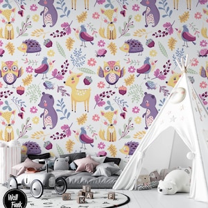 Woodland Nursery Wallpaper, Removable Wall Mural Nursery, Custom Nursery Wallpaper, Kids Room Wallpaper, Nursery Decor, Kids Room N#385