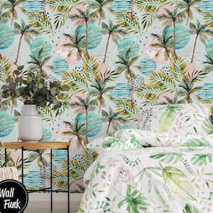 Tropical Floral Wallpaper, Removable Palm Tree Floral Wallpaper, Palm Tree Tropical Wallpaper, Floral Removable Wallpaper, Wallpaper F#59