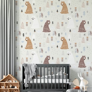 Bear Childrens Wallpaper, Cute Animal Kids Bedroom Wall Art Mural, Baby & Toddler Nursery Decor, Scandinavian Playroom, Pre-pasted removable