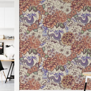 Oriental Floral Wallpaper, Removable Oriental Wallpaper, Floral Oriental Wallpaper, Removable Floral Wallpaper, Floral Wallpaper F#11