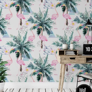 Tropical Floral Wallpaper, Removable Flamingo Floral Wallpaper, Palm Leaf Tropical Wallpaper, Floral Removable Wallpaper, Wallpaper F#01
