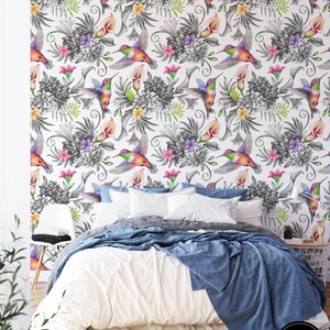 Papier peint floral amovible, bâton temporaire activé par l’eau sur papier peint décor mural floral, papier peint amovible floral, f # 147