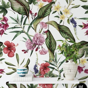 Fond d'écran floral amovible, bâton temporaire activé par l'eau sur le décor mural floral de papier peint, papier peint amovible floral, F #98