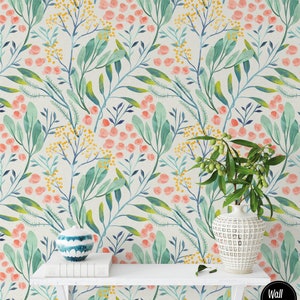 Papier peint floral aquarelle, bâton temporaire activé par l'eau sur le décor mural floral de papier peint, papier peint amovible floral, F #79