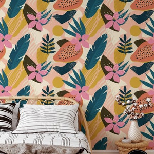 Papier peint floral amovible, bâton temporaire activé par l’eau sur le papier peint décor mural floral, papier peint amovible floral, f # 156
