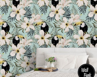 Toucan Floral Wallpaper, Removable Bird Wallpaper, Floral Wallpaper, Floral Removable Wallpaper, Temporary Removable Floral Wallpaper F#25