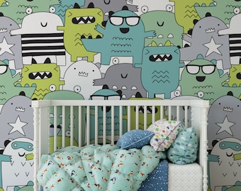 Cute Monster Nursery Wallpaper, Removable Temporary Stick On Wallpaper Childrens Nursery Wallpaper, Childrens Removable Wallpaper N#04