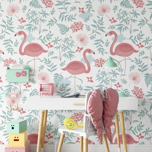 Flamingo Nursery Wallpaper, Nursery Wallpaper, Childrens Nursery Wallpaper, Nursery Floral Wallpaper, Removable Wallpaper Nursery, N164 image 3