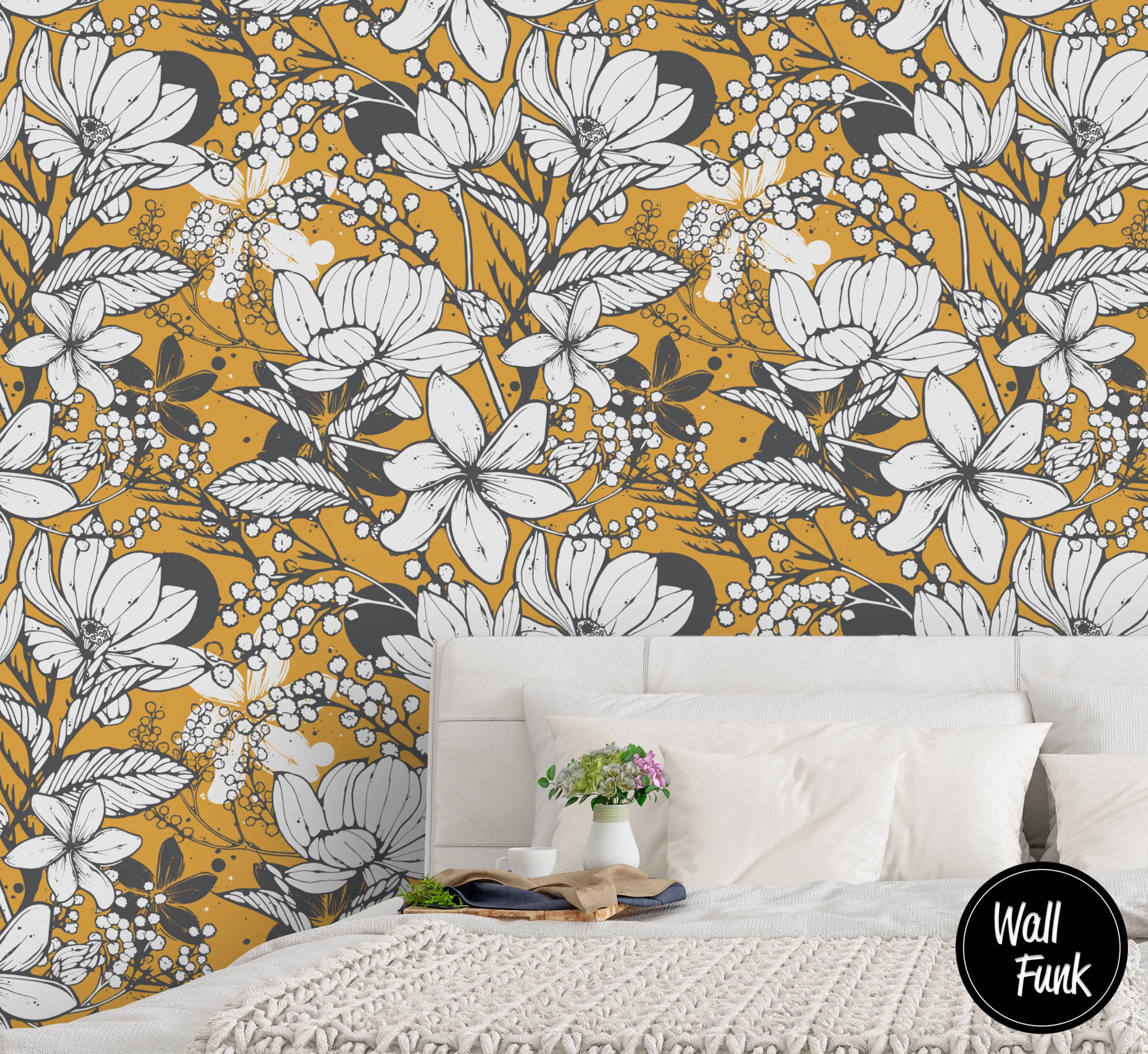 Mustard Floral Wallpaper Removable Floral Wallpaper Floral Etsy