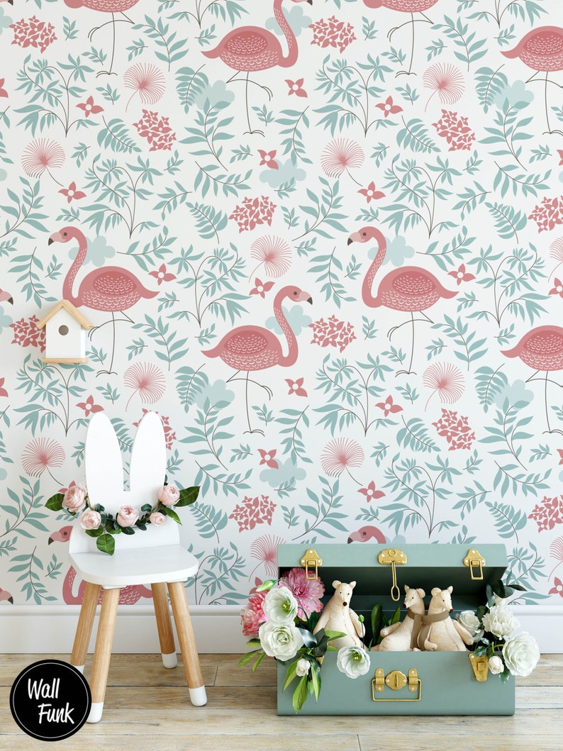 Flamingo Nursery Wallpaper, Nursery Wallpaper, Childrens Nursery Wallpaper, Nursery Floral Wallpaper, Removable Wallpaper Nursery, N164 image 1