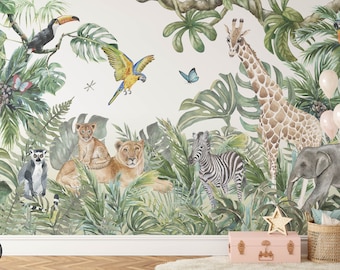 Safari Nursery Wallpaper, Jungle Nursery Wallpaper, Childrens Safari Nursery Wallpaper, Children's Removable Custom Nursery Wallpaper N#434