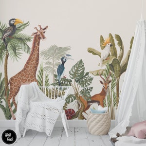 Carta da parati per bambini Safari, simpatici animali da parete per camera da letto per bambini, decorazioni per la cameretta dei bambini e neonati, murale rimovibile per sala giochi con animali a tema giungla