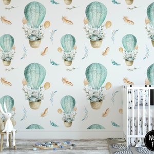 Hot Air Balloons & Rabbits Nursery Wallpaper Removable and Pre-Pasted Custom Nursery Wallpaper Mural Removable Nursery Wallpaper N55 image 2