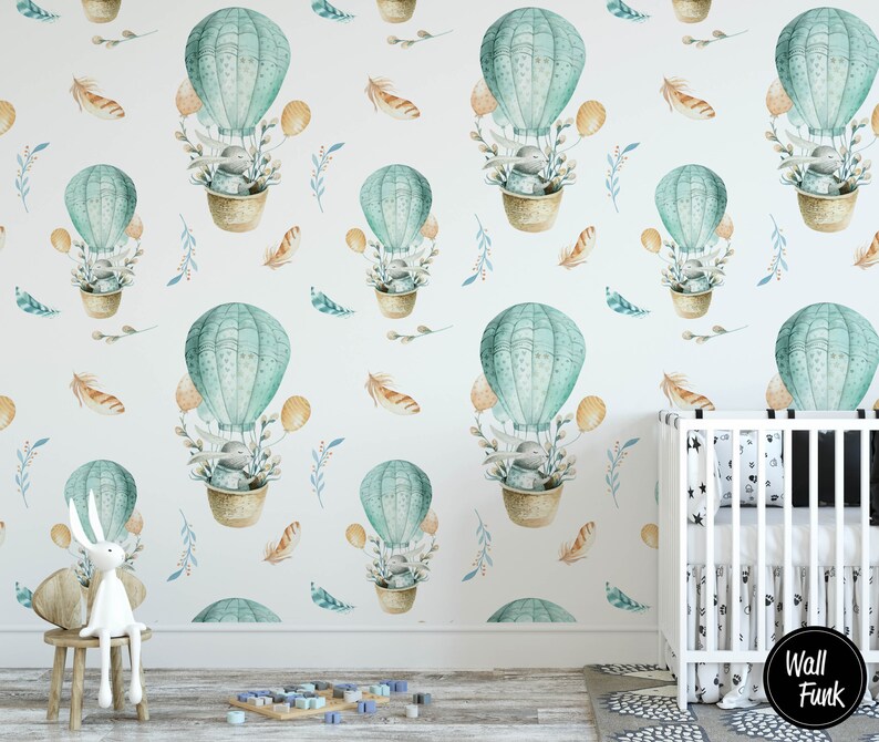 Hot Air Balloons & Rabbits Nursery Wallpaper Removable and Pre-Pasted Custom Nursery Wallpaper Mural Removable Nursery Wallpaper N55 image 2