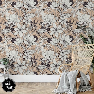 Peach Floral Wallpaper, Removable Floral Wallpaper, Floral Wallpaper, Peach Floral Wall Decor, Temporary Floral Removable Wallpaper F#56