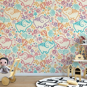 Carta da parati Elephant Nursery, Nursery murale rimovibile, Carta da parati per vivai personalizzata, Carta da parati per bambini Camera, Arredamento vivaio animale, Camera per bambini N # 32