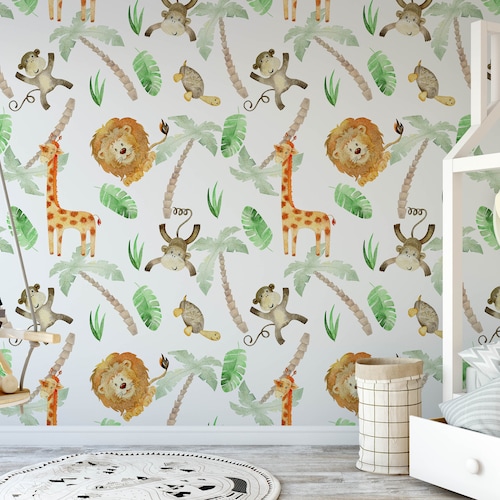 Safari Children's Nursery Wallpaper Dusty Pink Jungle Etsy UK