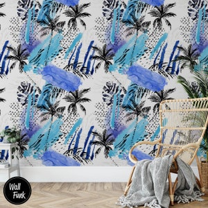 Papier peint géométrique tropical, bâton temporaire activé par l’eau sur papier peint bleu décor mural géométrique, papier peint géométrique amovible, G # 33