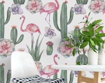 Cactus and Flamingo Wallpaper, Removable Cactus Wallpaper, Floral Removable Cactus Wallpaper, Removable Wallpaper, Floral Wallpaper F#06