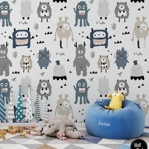 Cute Monster Nursery Wallpaper, Bastone temporaneo rimovibile su carta da parati Per bambini Nursery Wallpaper, Carta da parati rimovibile per bambini, N # 154