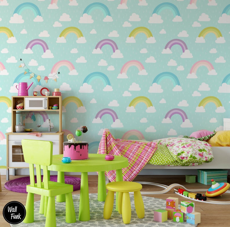 Rainbow Nursery Wallpaper, Boho Nursery, Rainbow Removable Wallpaper, Children's Nursery Wallpaper, Kid's Removable Wallpaper Decor, N146 image 1