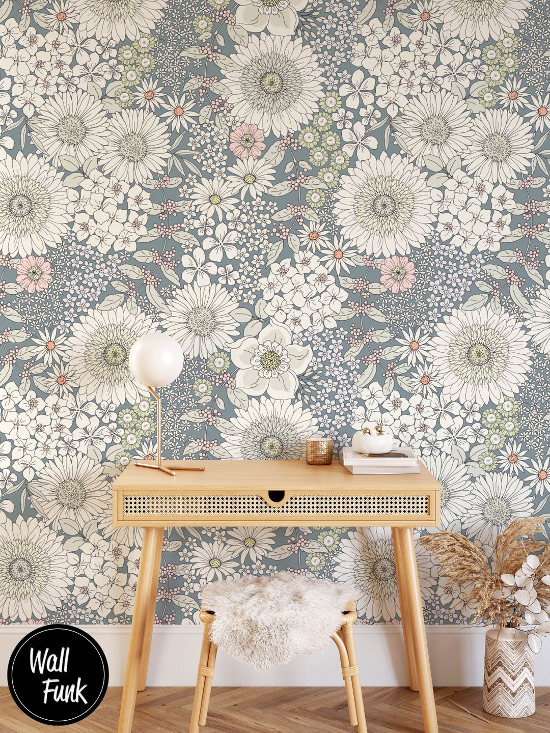 Removable Floral Grey Wallpaper Bedroom  Entryway Vintage Etsy 日本